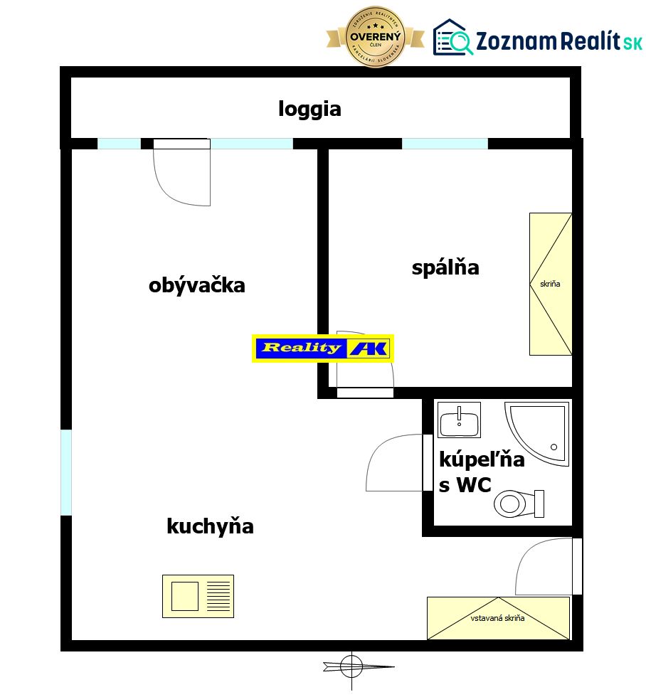Floor plan of a 2-room apartment with a loggia, living room, kitchen, and bathroom with toilet.