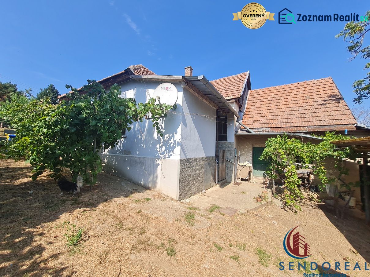 A family house in Dolné Otrokovce with white plaster and tiles, green plants in the garden.