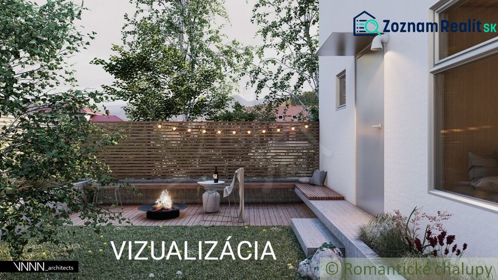 A family house in Banská Bystrica, a garden with a fireplace, a wooden fence, a cozy atmosphere.