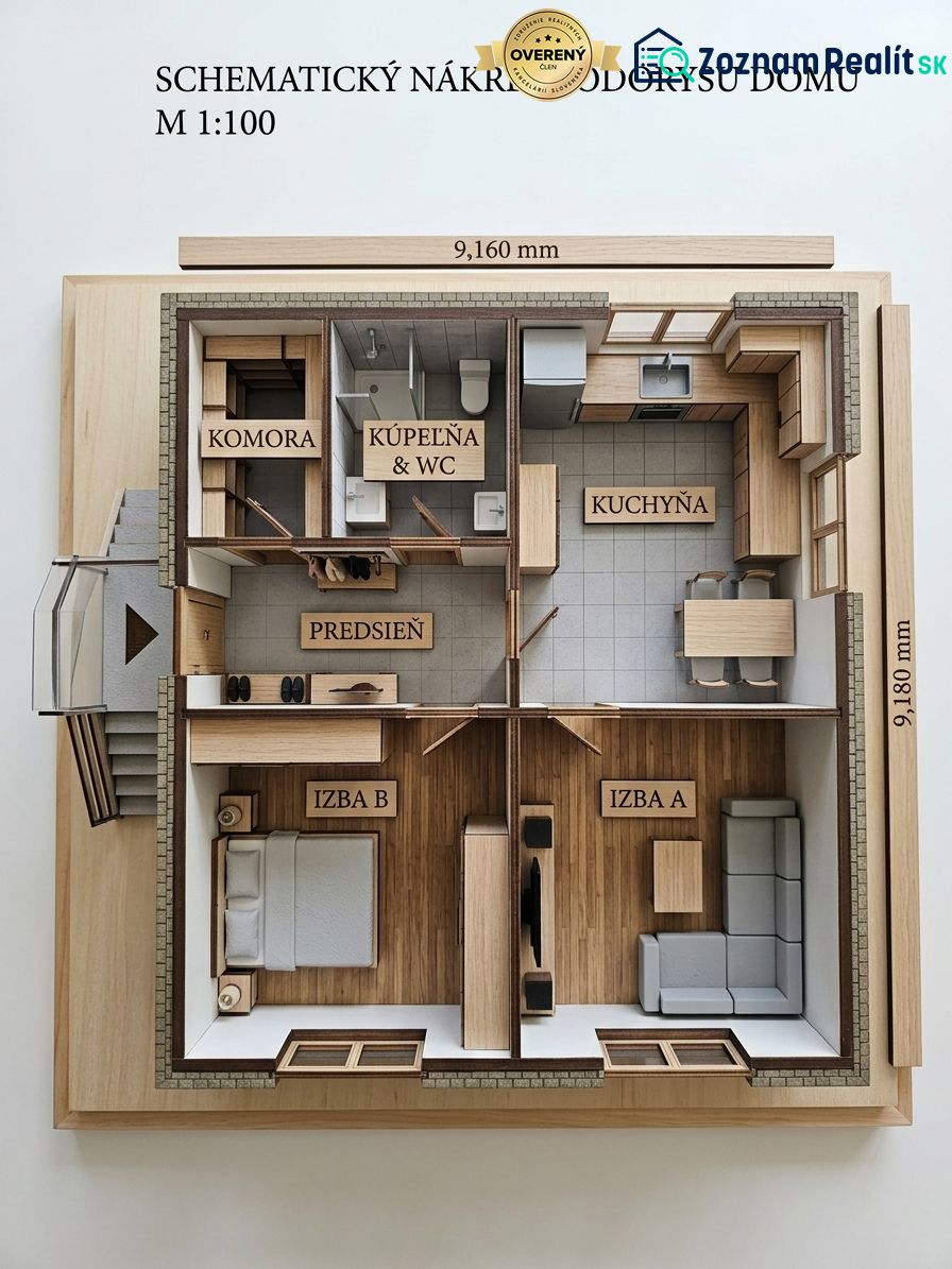 Floor plan of a family house with an entrance hall, pantry, bathroom, kitchen, and rooms with wooden decor.