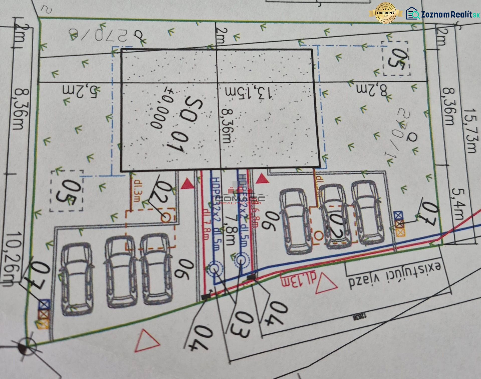 Project of a family house with parking spaces and dimensions in Sasinkovo on Sasinkova Street.