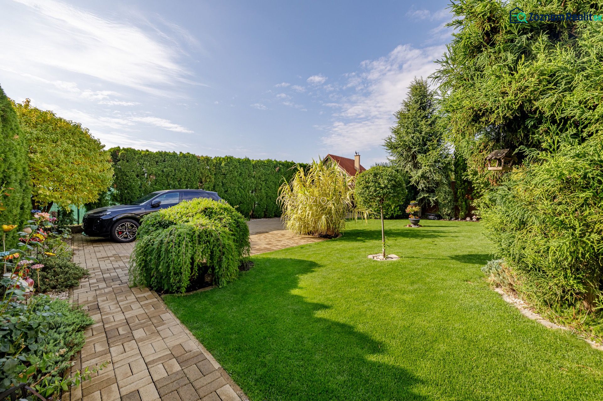 Garden at a family house on Majerská Street in Nová Dedinka. Elegant greenery and a car.
