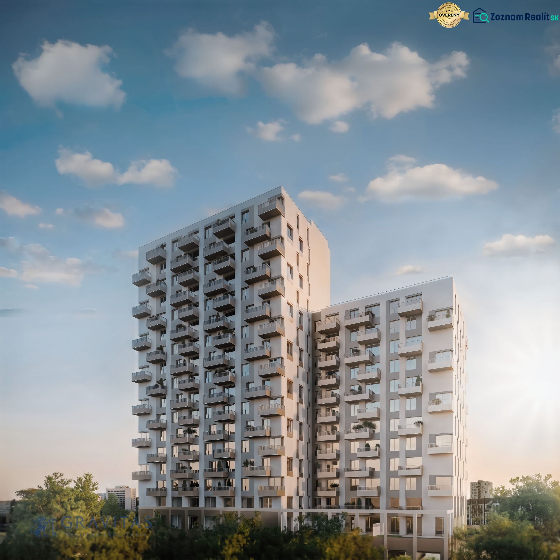 A high-rise building on Mlynské Nivy in Bratislava - Ružinov with balconies and greenery.