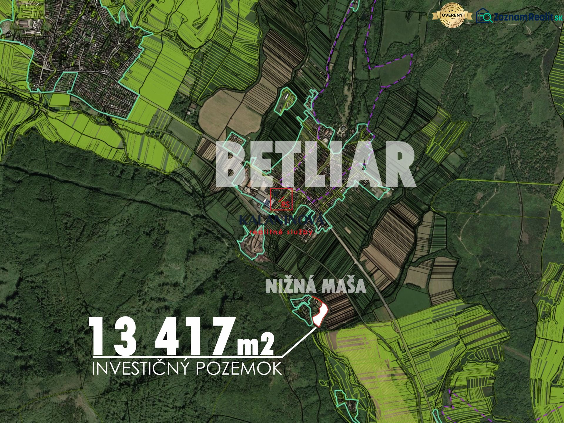 Map of an investment plot with an area of 13,417 m² in Betliar.