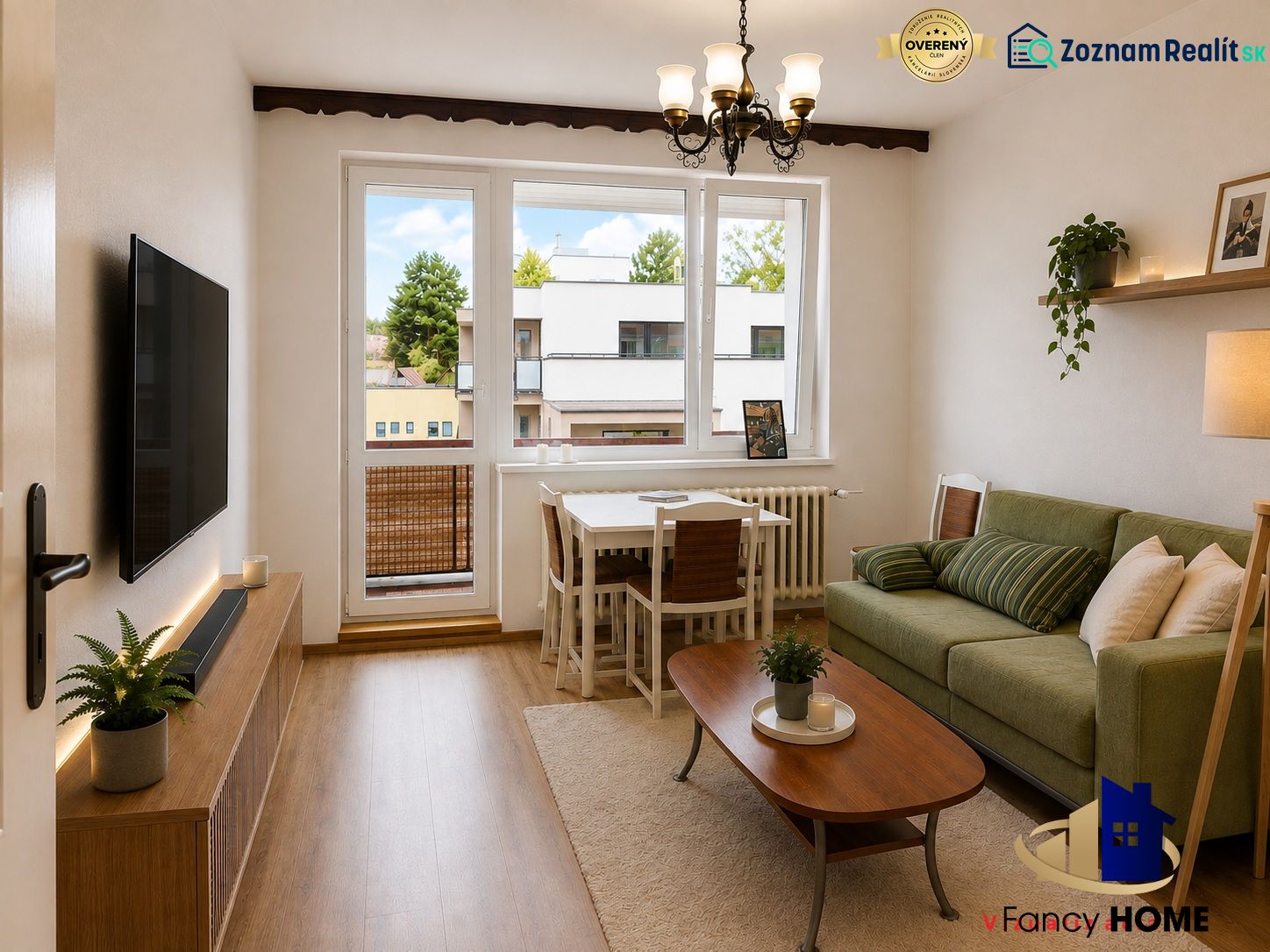 Living room with wood-patterned flooring, a sofa, and a dining table in a two-room apartment.