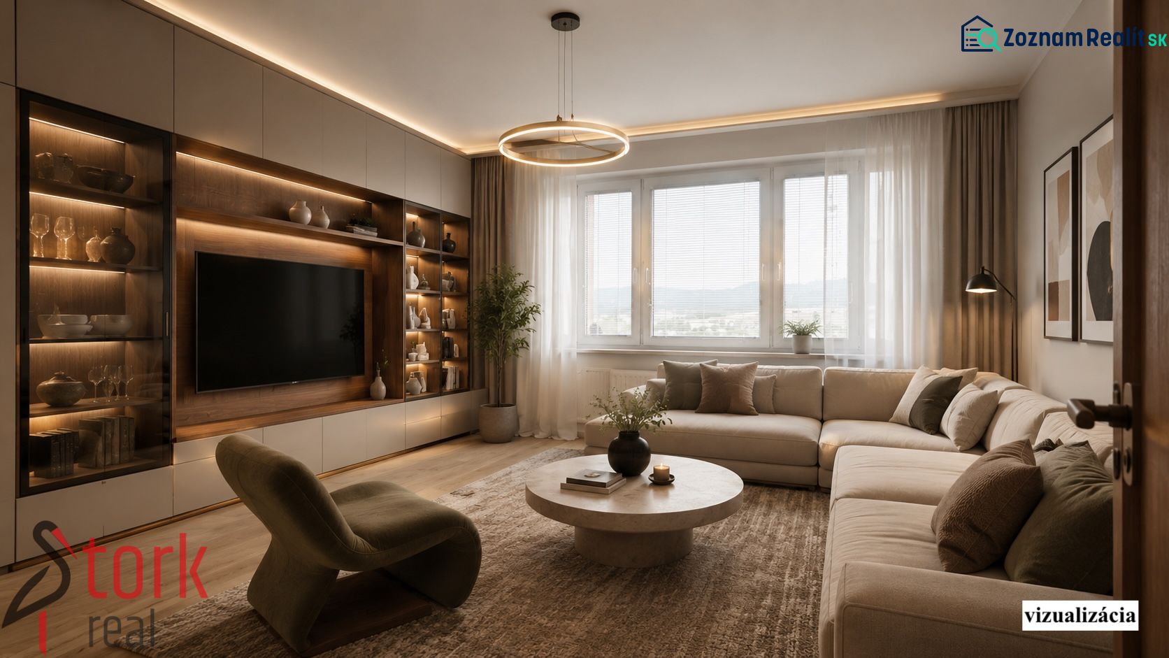 Living room in a 2-room apartment with a sofa, table, and floor with a wooden decor.
