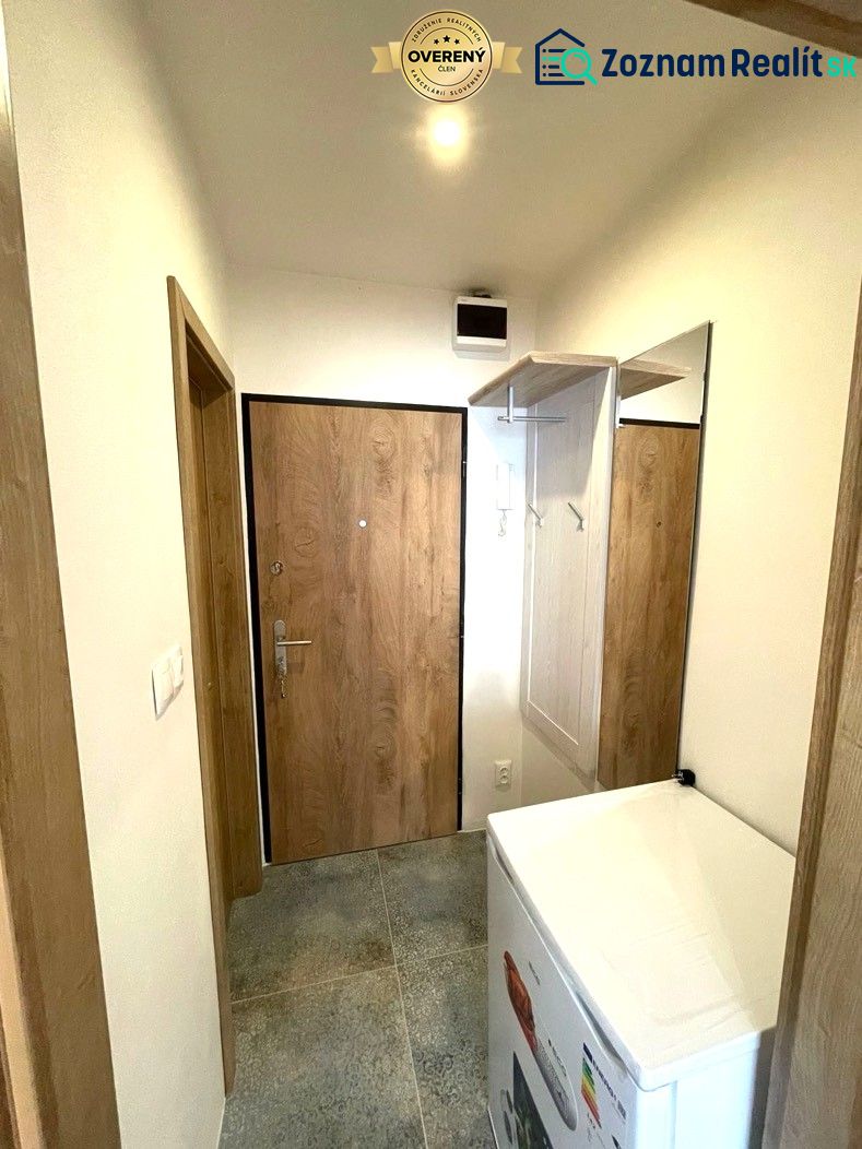 The studio apartment has an entrance hallway with wooden doors and a wardrobe.