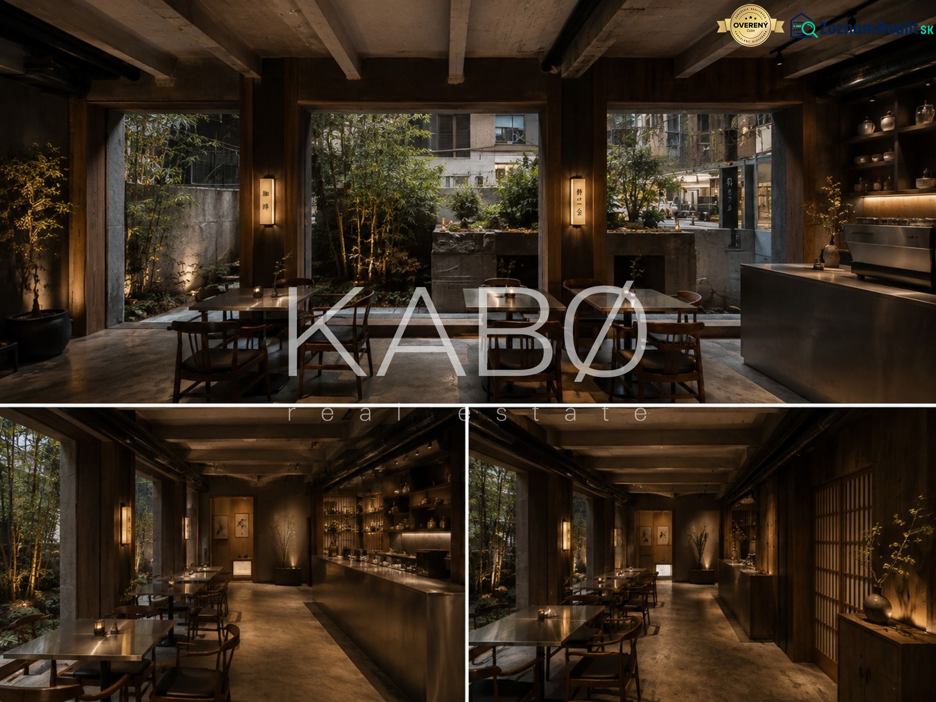 Interior of commercial spaces with wood-patterned flooring, dark lighting.