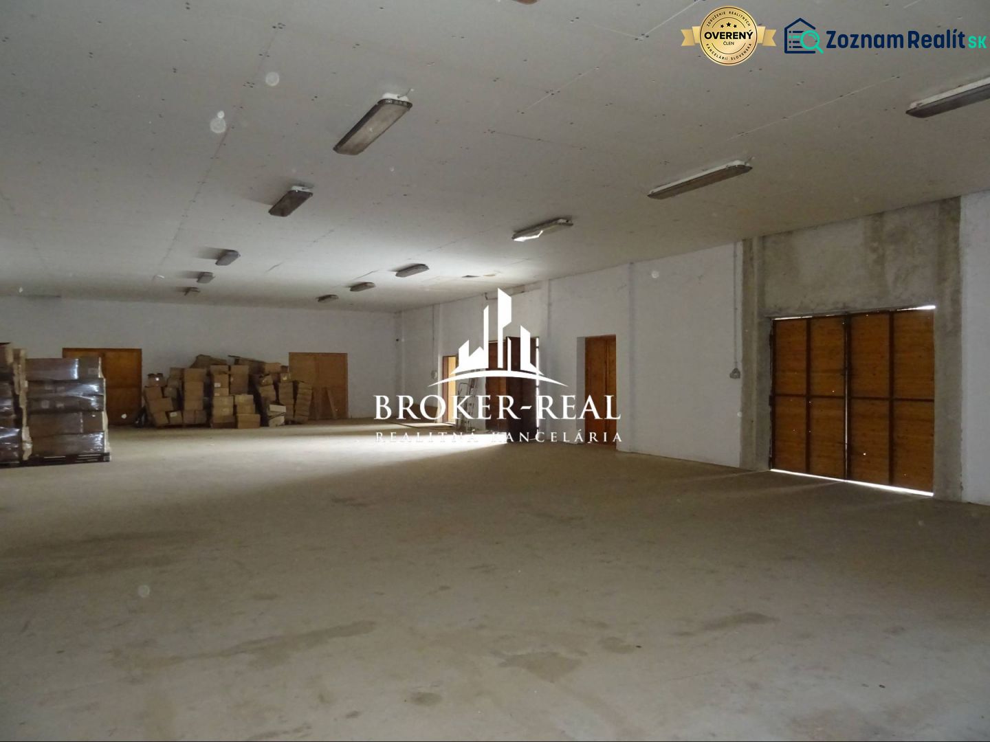 Warehouses and halls with packages and wrappers on the floor, wooden doors, lighting from the ceiling.