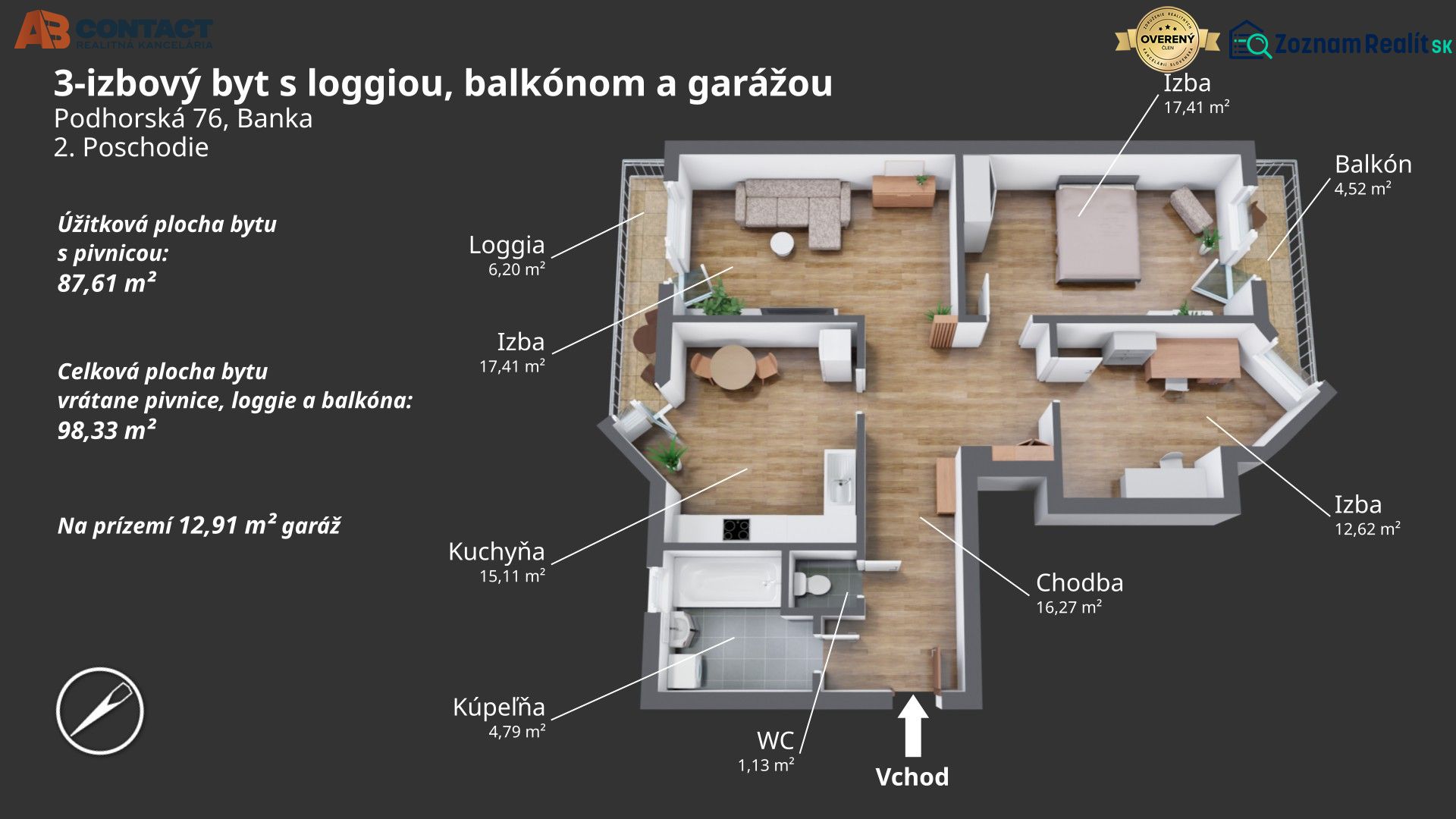 Floor plan of a 3-room apartment with a loggia, balcony, and wooden decor flooring.