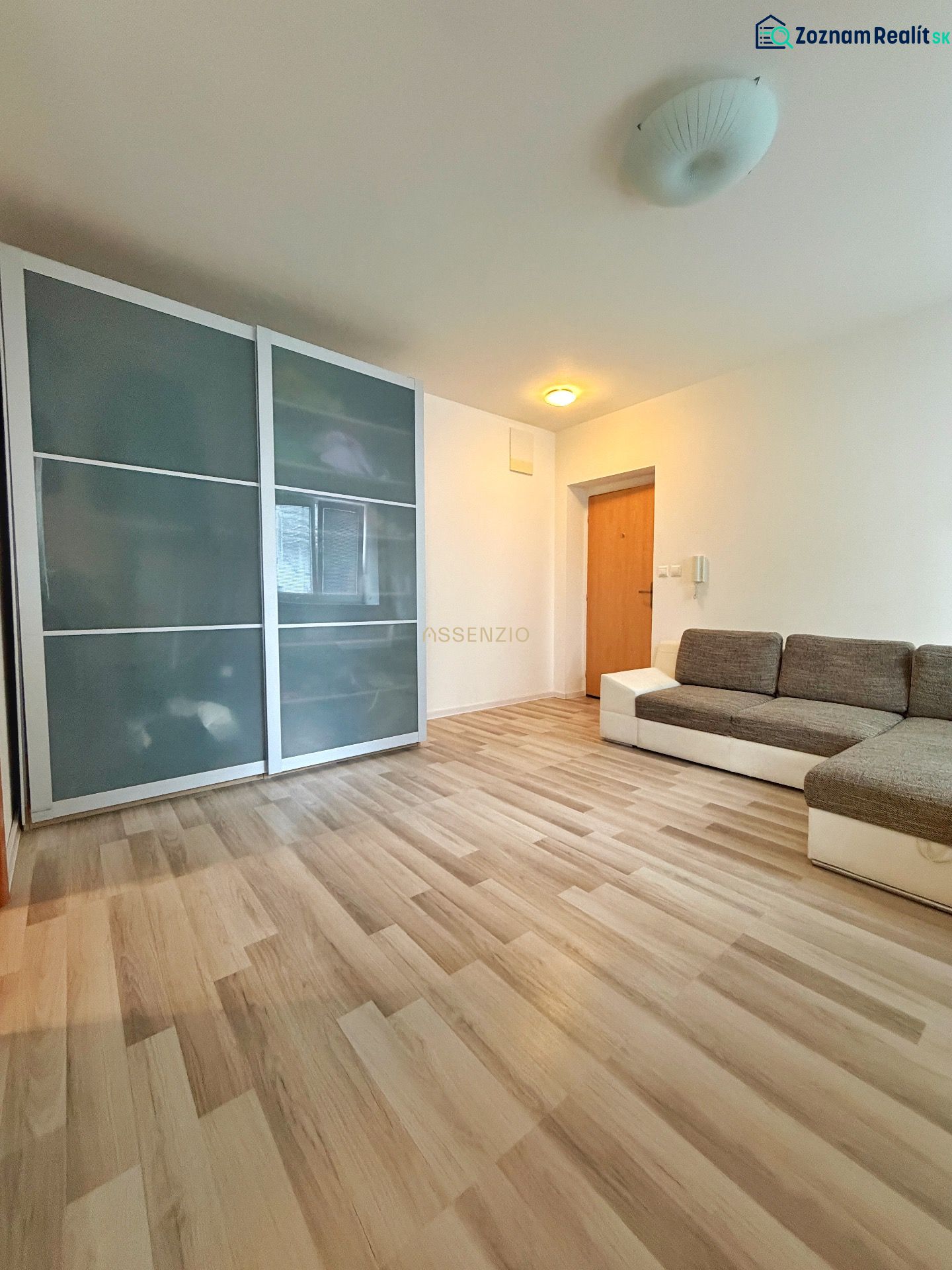 A studio apartment with a wooden floor, a sofa, and a built-in wardrobe.