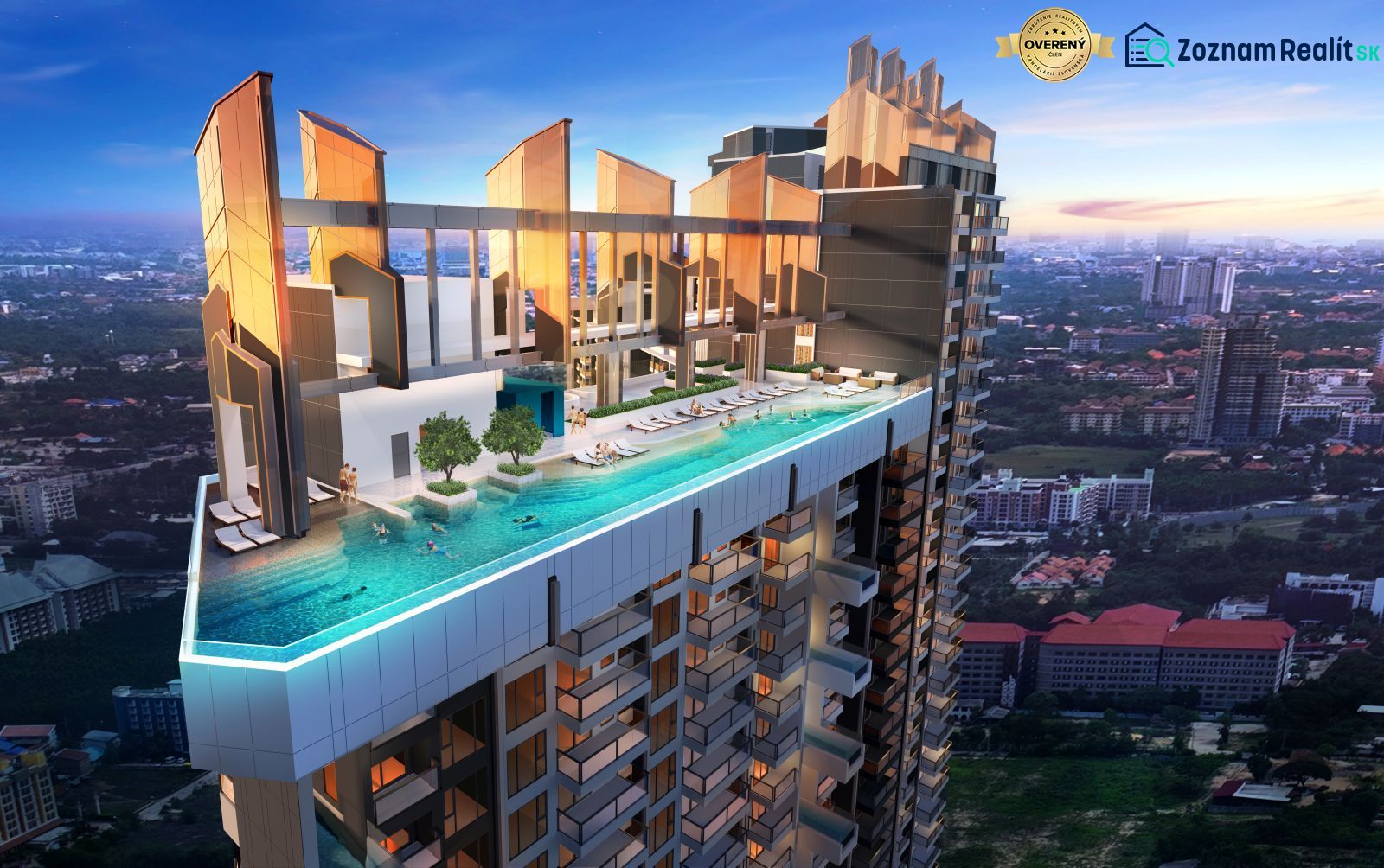 Rooftop pool of the Jomtien Holiday Apartment with panoramic city views.