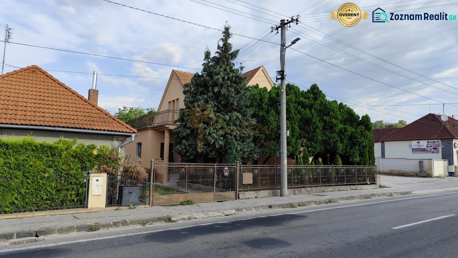 Family houses in Krušovce with front gardens and ornamental trees by the road.