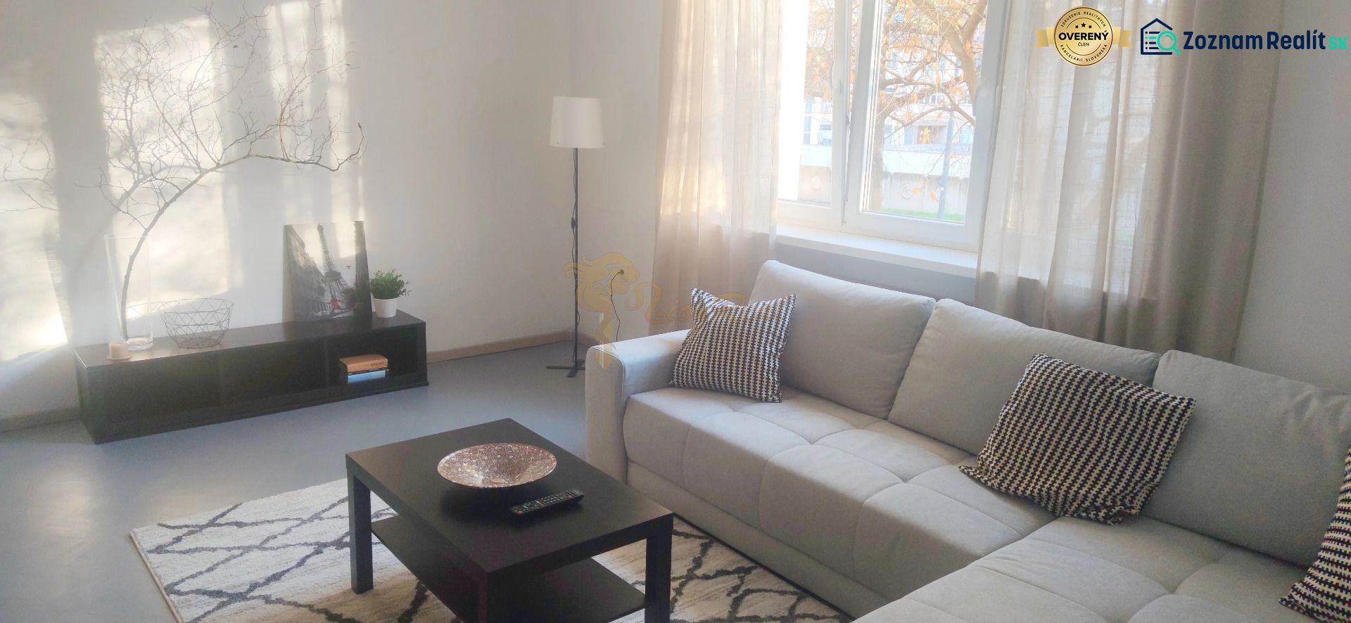 Living room in a two-room apartment with a sofa, coffee table, and decorative pillows.