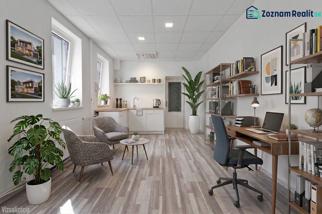 Bright commercial space with wood-patterned flooring, comfortable chairs, and shelves full of books.