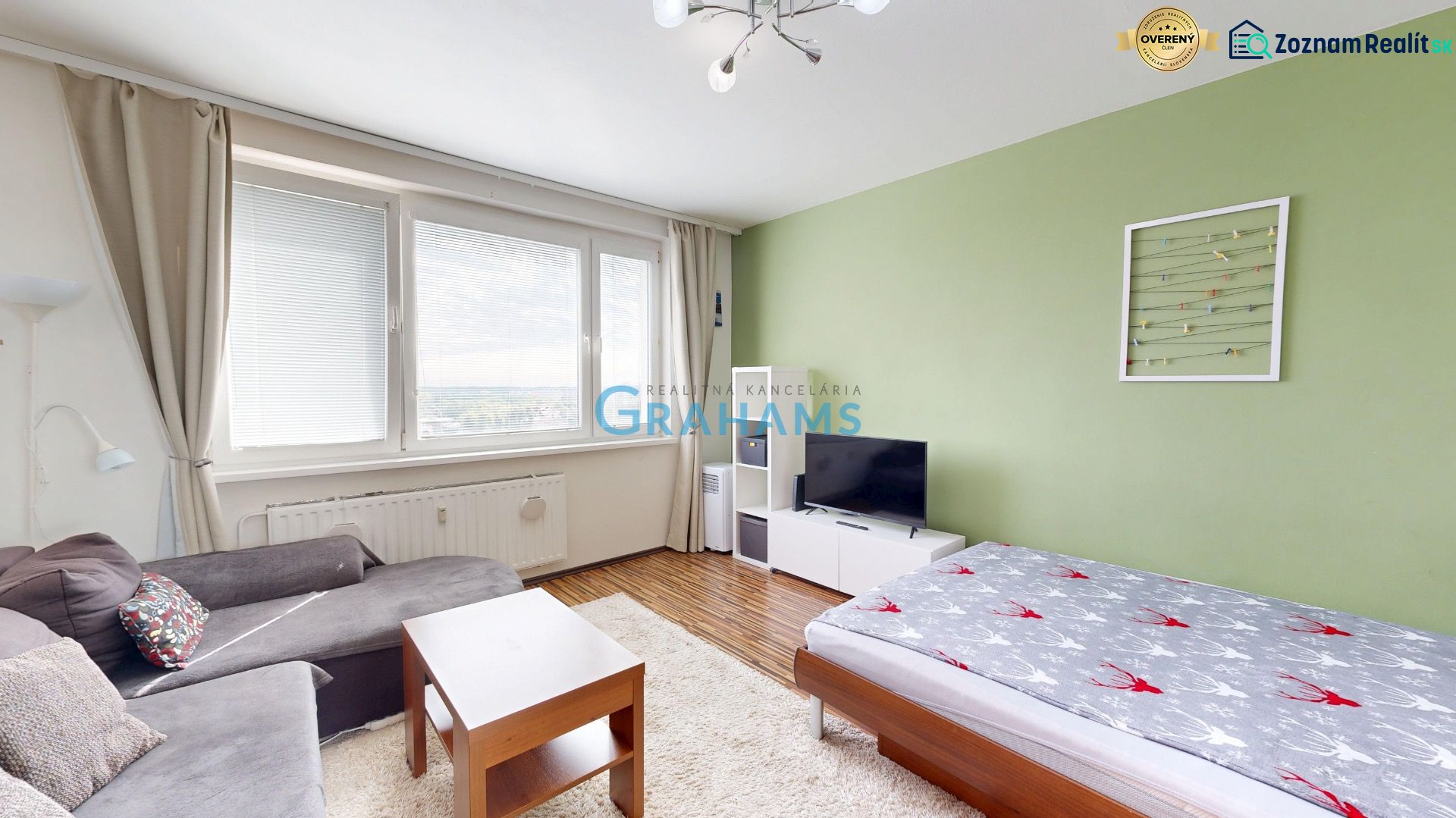 A bright room in a studio apartment with a sofa, bed, and wood-patterned flooring.