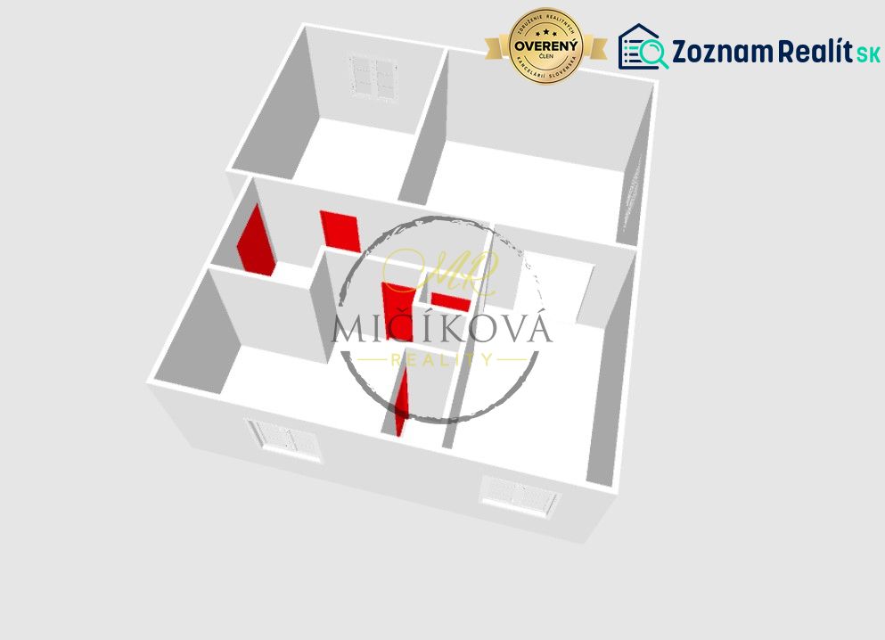 3D floor plan of a 2-room apartment with red doors and walls marked.