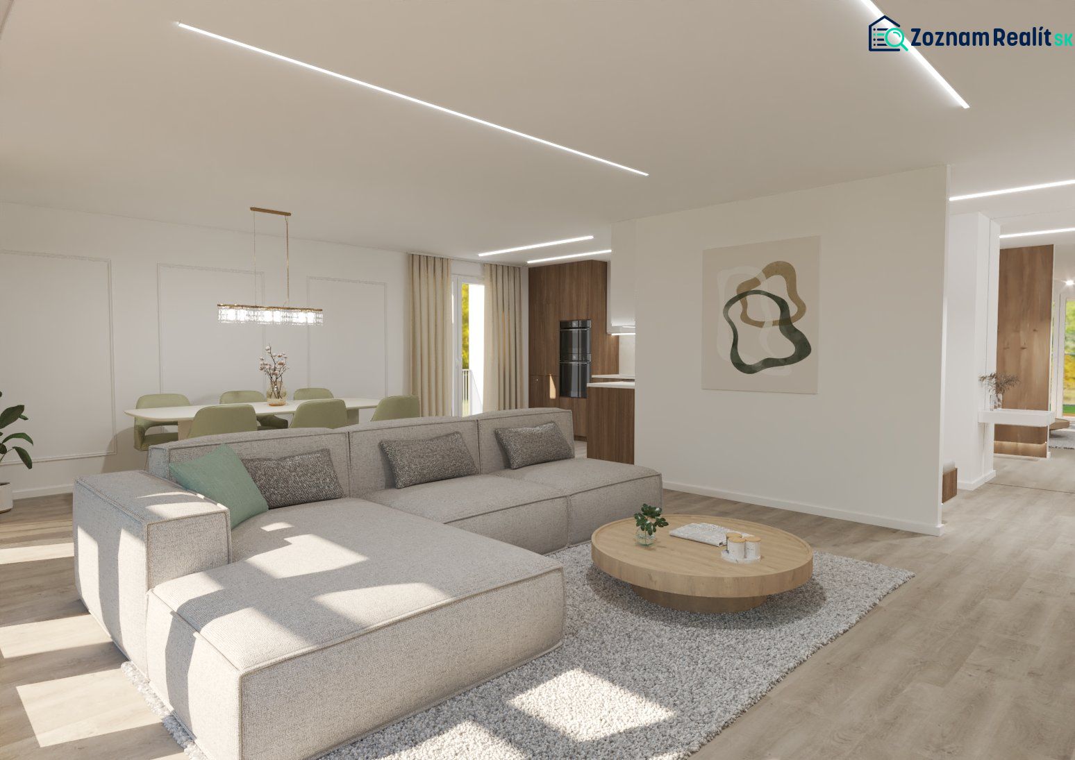 Living room in a 4-room apartment with a large sofa, coffee table, and floor with a wooden decor.