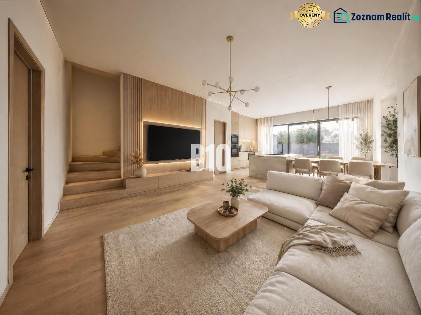 Living room of a family house with a wooden decor floor, light furniture, and large windows.