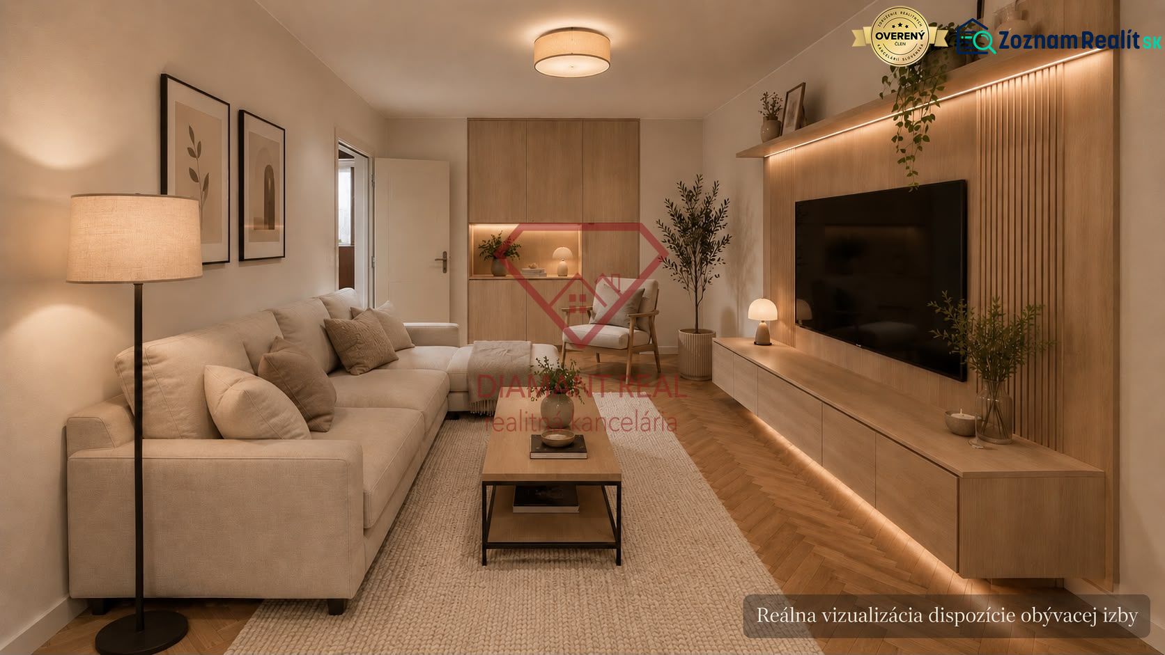 Living room in a 3-room apartment with a wooden decor floor and a comfortable sofa.