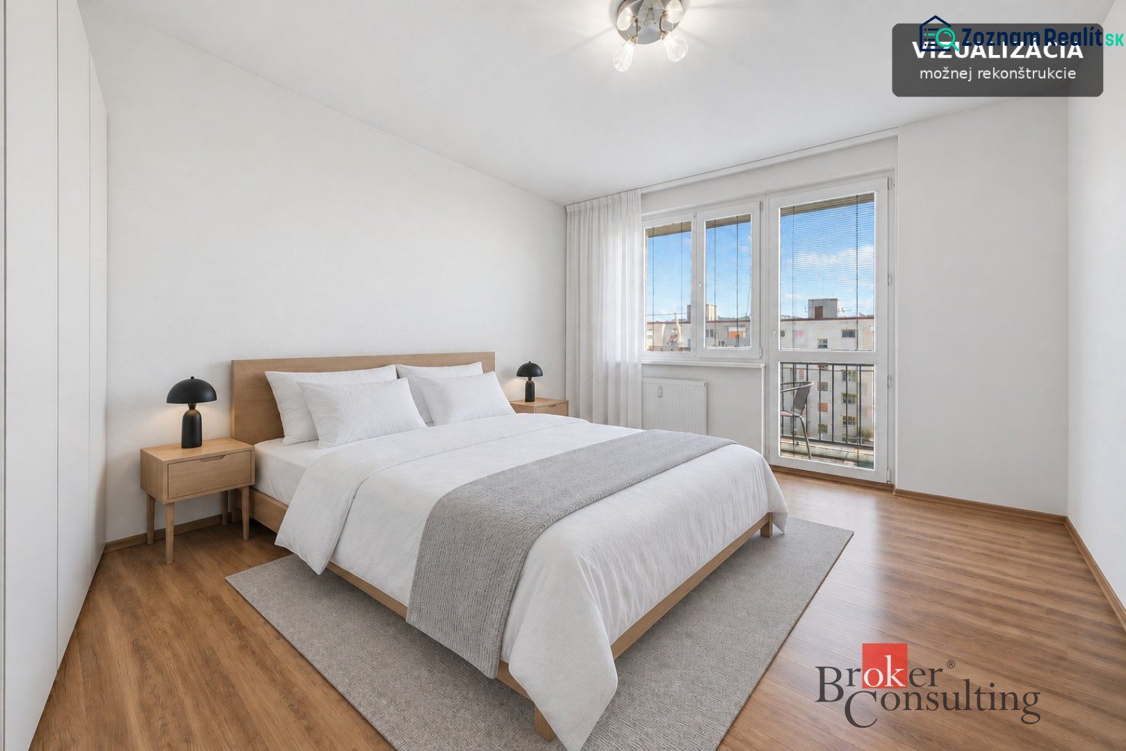 A bright bedroom with a bed and wood-decor flooring in a 3-room apartment.
