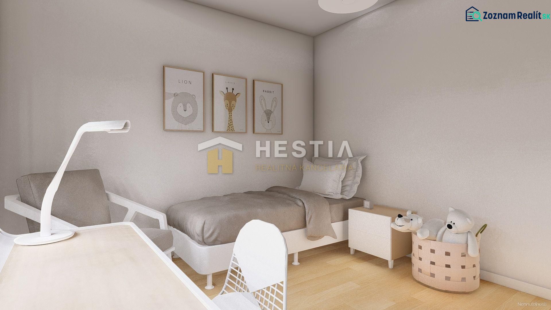 A children's room with a crib, a chair, animal drawings, and a floor with a wooden decor.