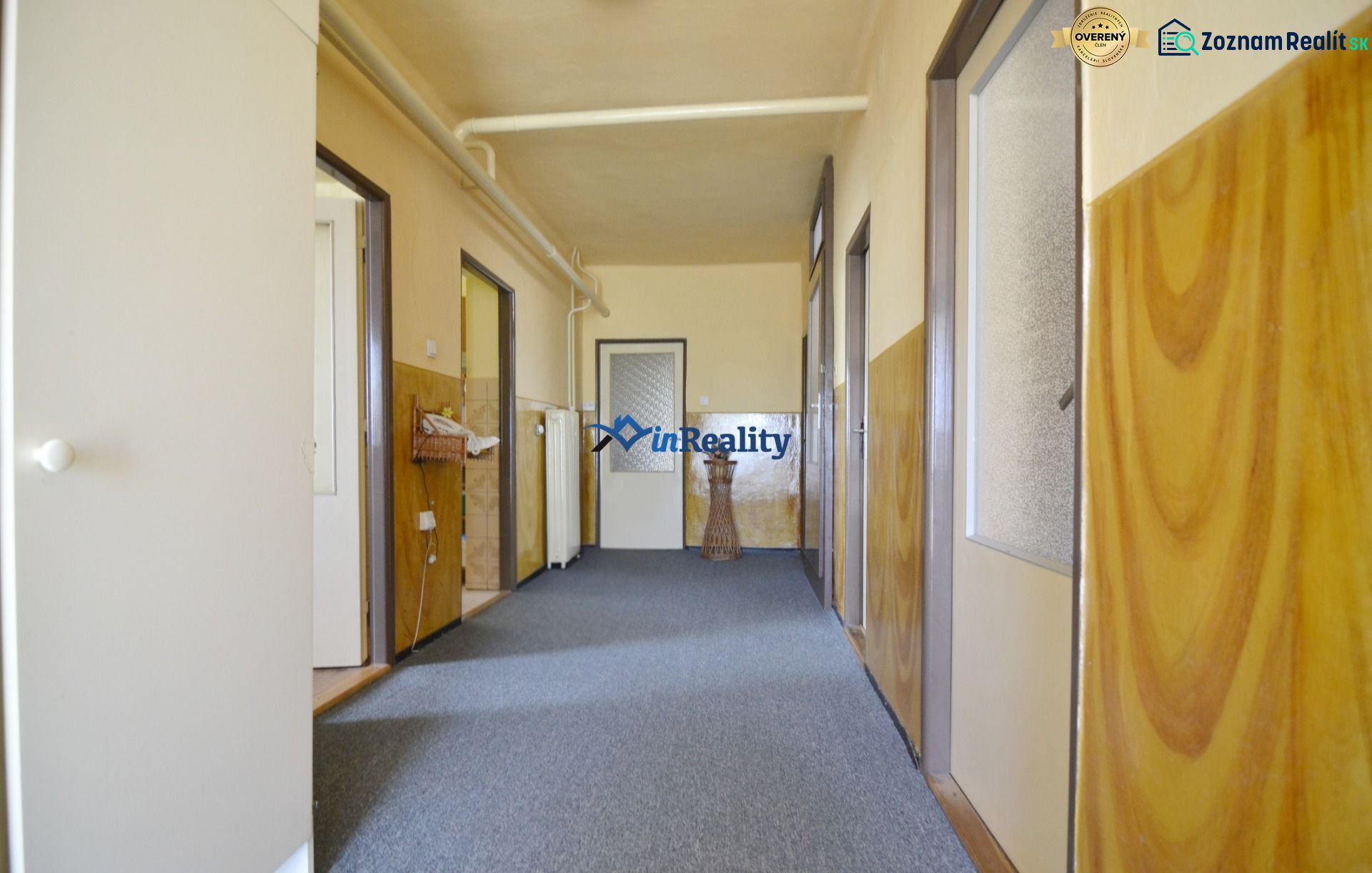 A hallway with light walls and a gray carpet in a family house.