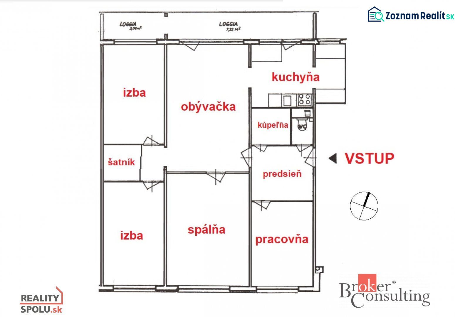 Floor plan of a 5 or more room apartment with a loggia, kitchen, walk-in closet, and bathroom.