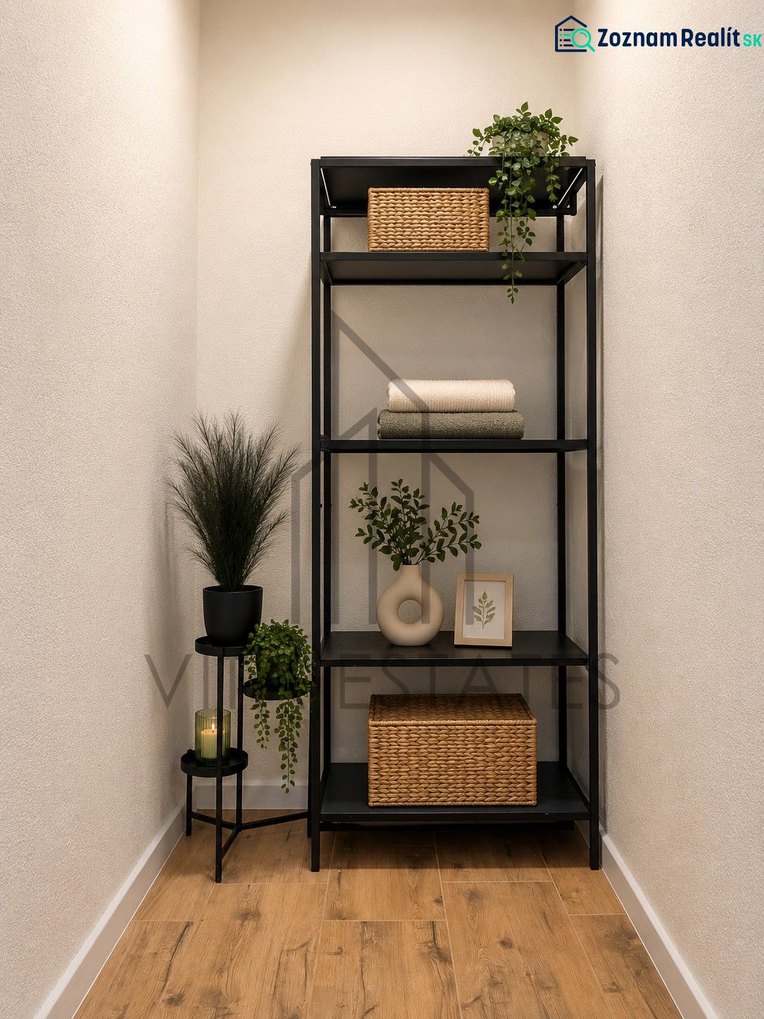 A shelf with decorations and plants on the floor with a wooden decor in a 3-room apartment.