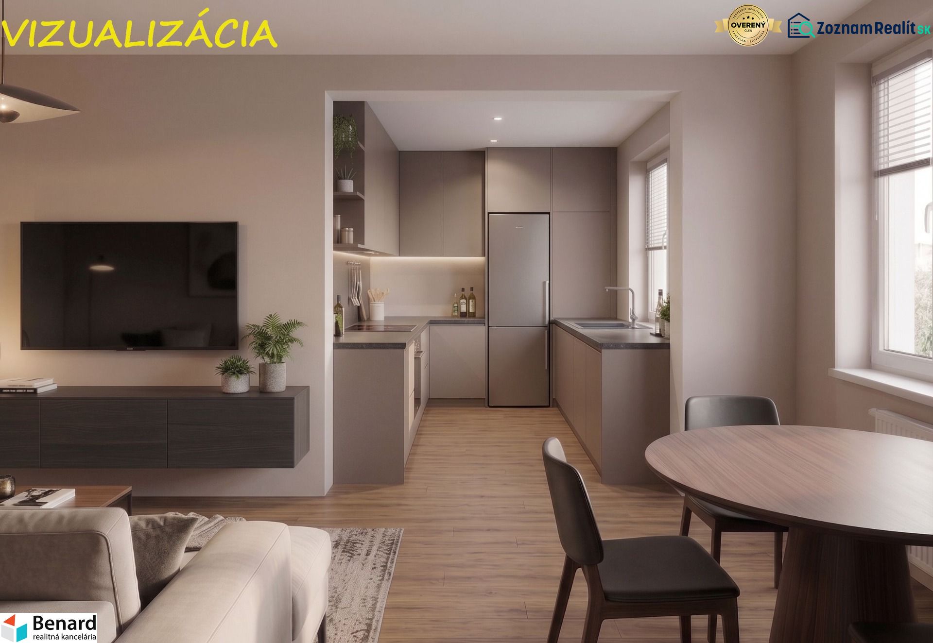 Interior of a 2-room apartment with an open kitchen, wooden decor flooring, and a dining table.