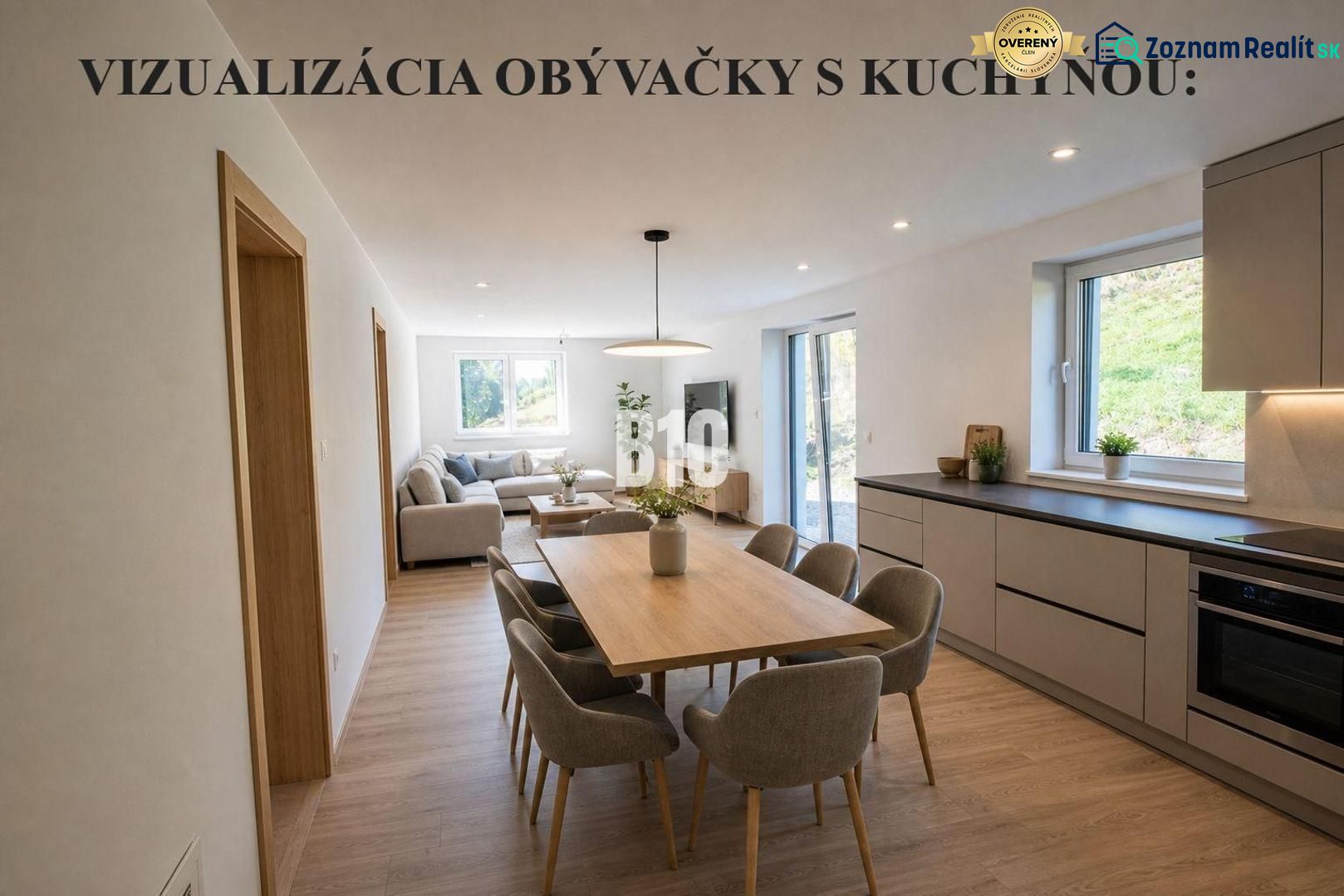 Living room with a kitchen in a family house, with a dining table on a floor with a wooden decor.
