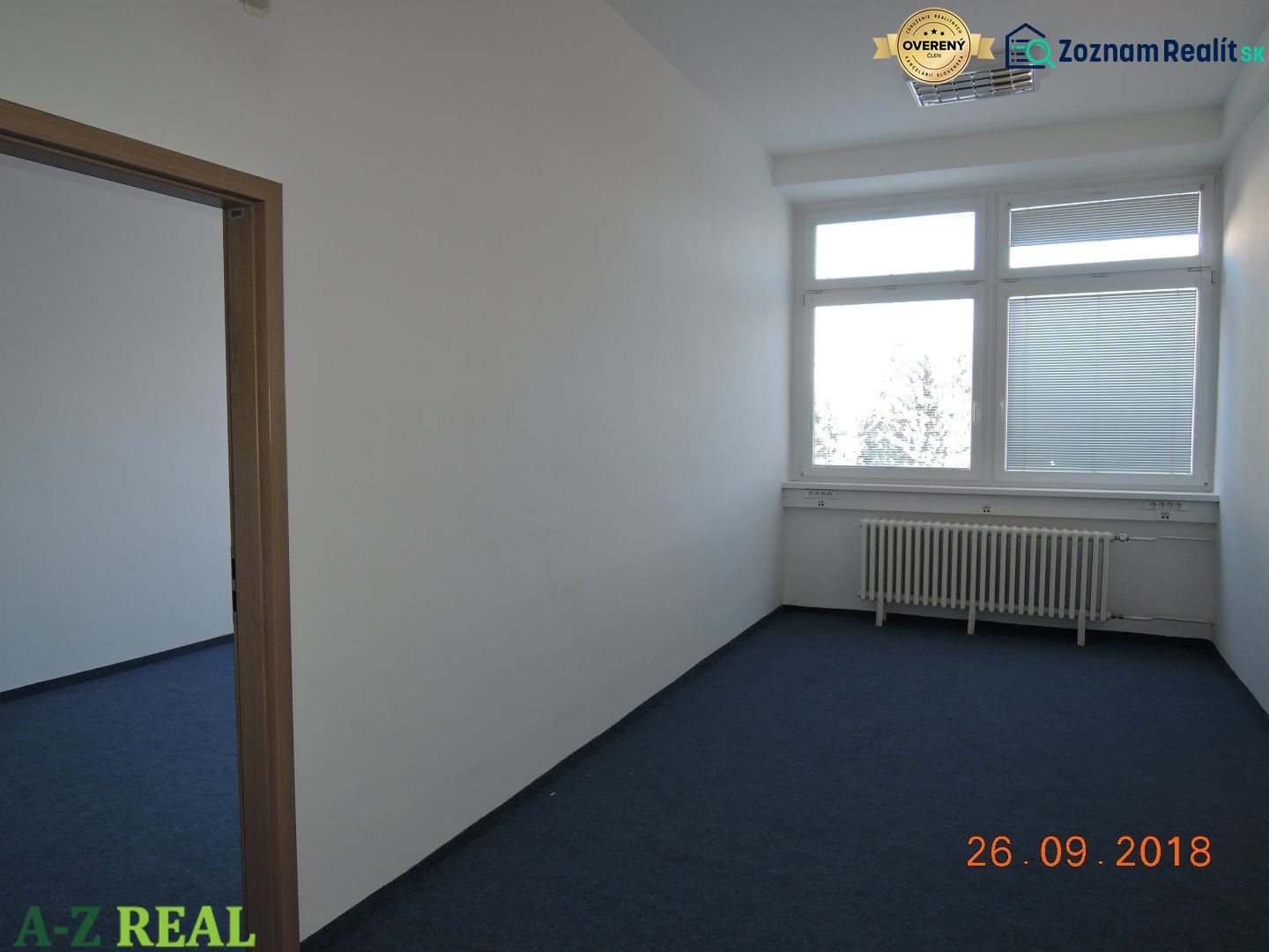 Offices with blue carpet and large windows, suitable for a smaller corporate environment.