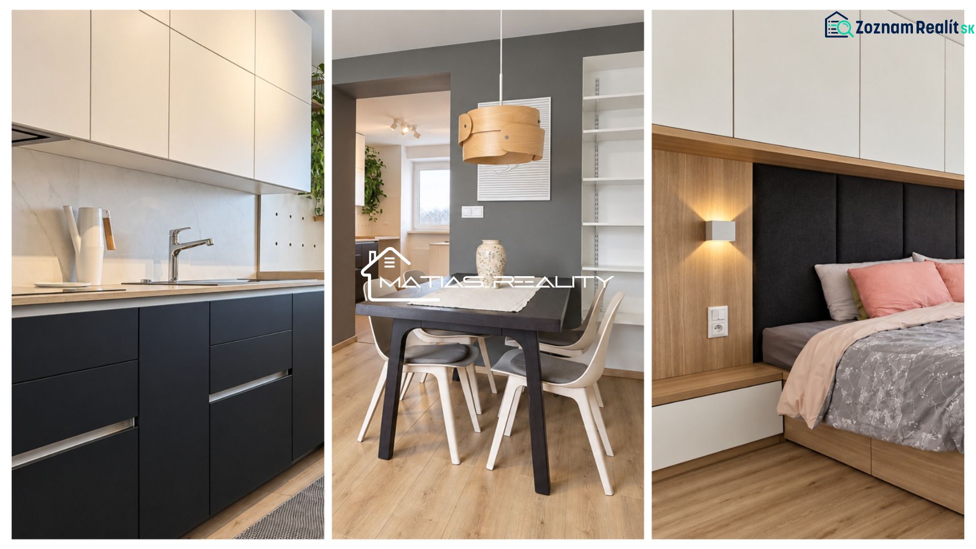 Kitchen, dining area, and bedroom in a 3-room apartment with a wooden decor floor.