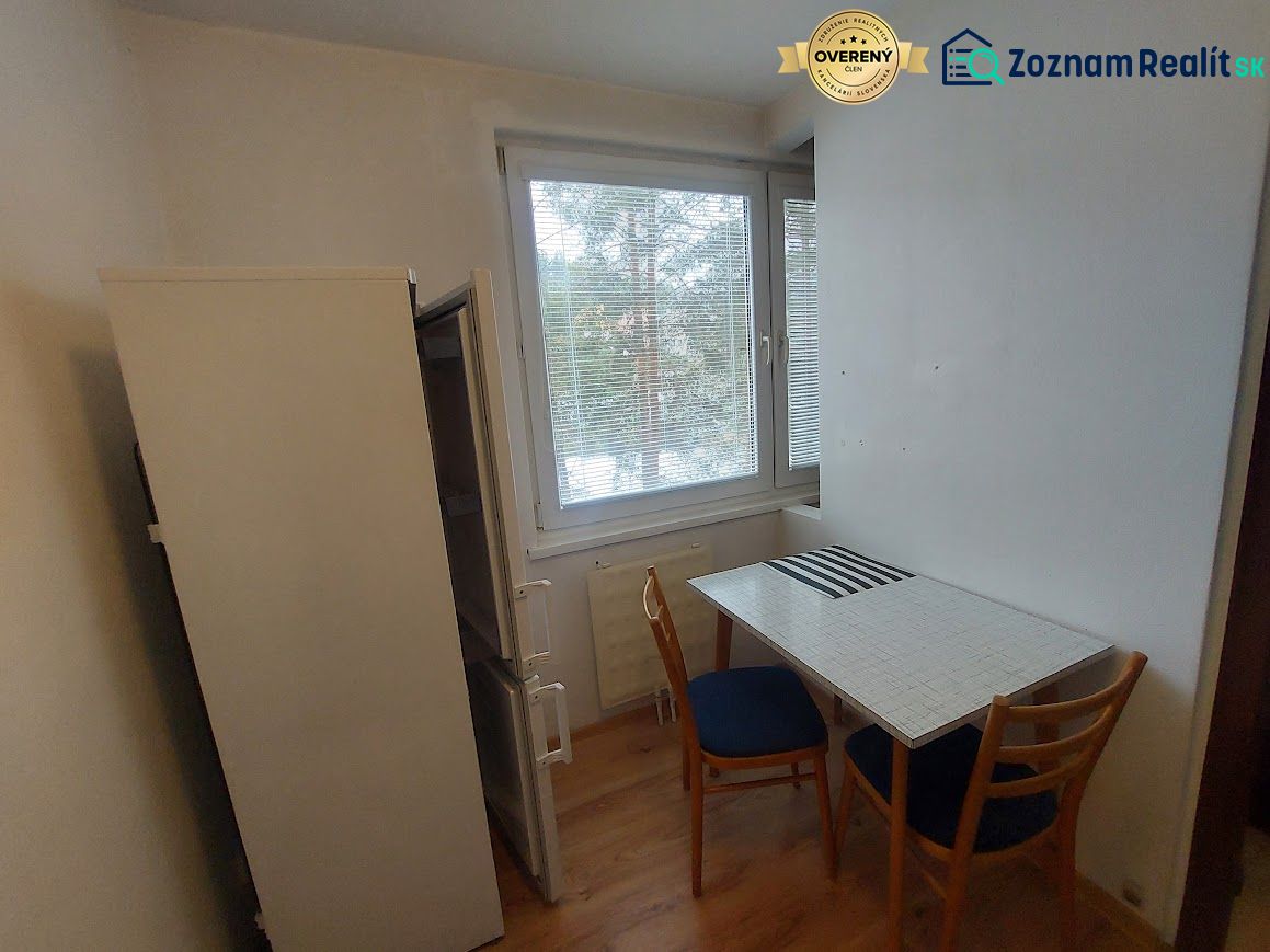 Dining area with a refrigerator and a table with two chairs in a studio apartment.