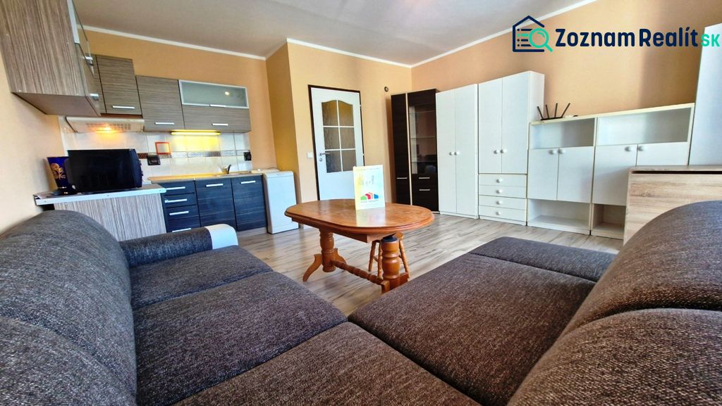 Studio apartment with a kitchenette, wooden floor decor, and a comfortable sofa.