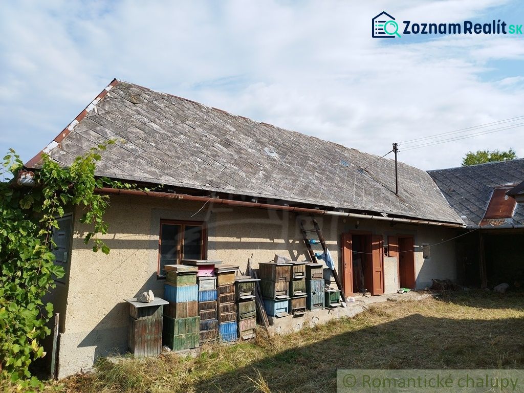 A simple cottage in Hrušov with beehives, vineyards, and an older roof.