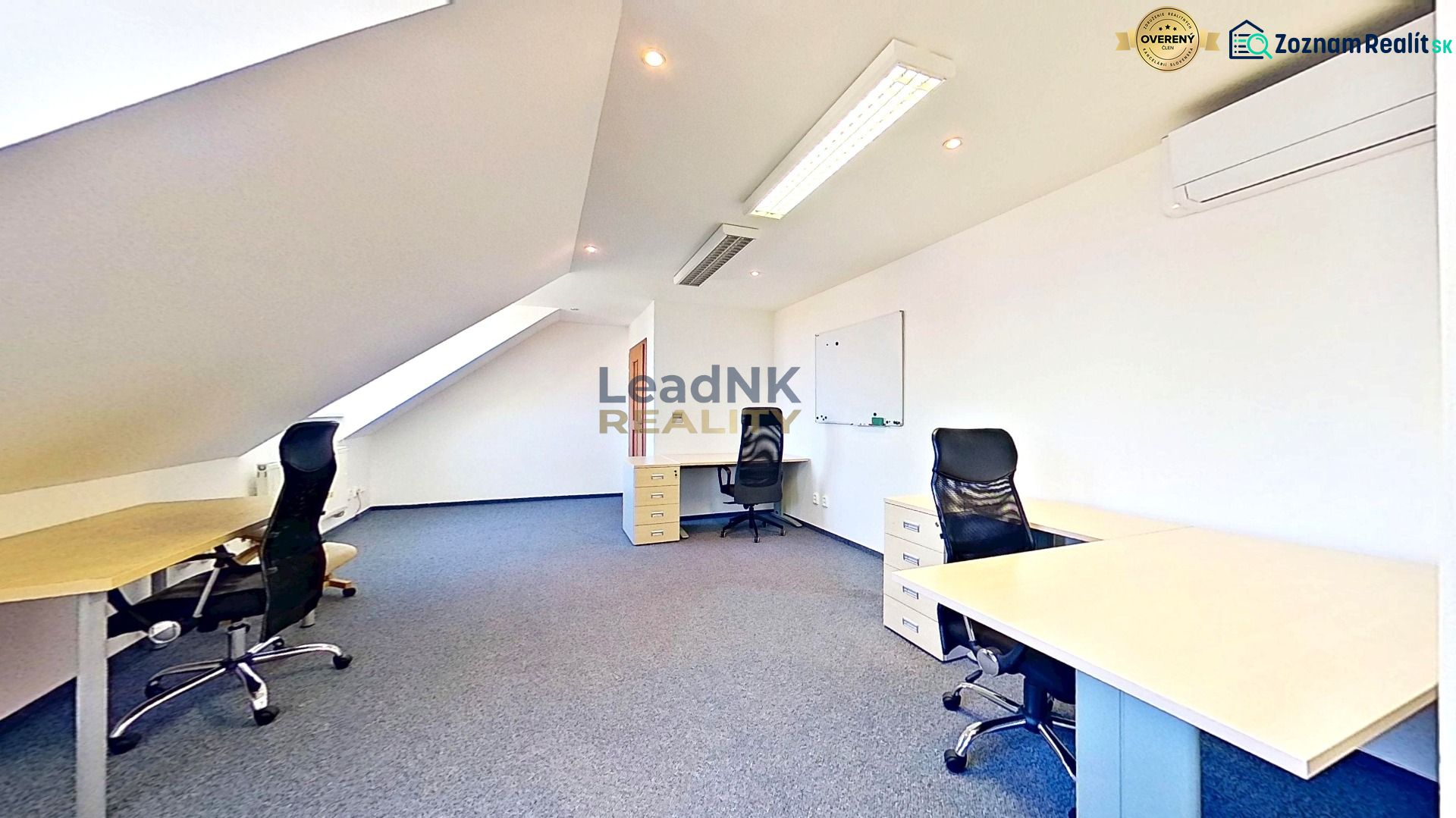 Offices with office chairs, desks, and air conditioning, under a sloped ceiling.