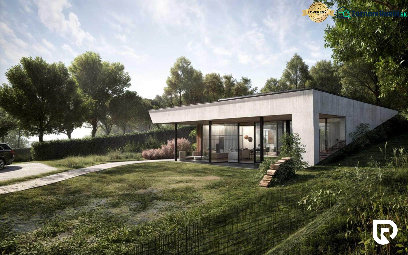 A family house in Častkovce surrounded by greenery, with a terrace and a glass facade.