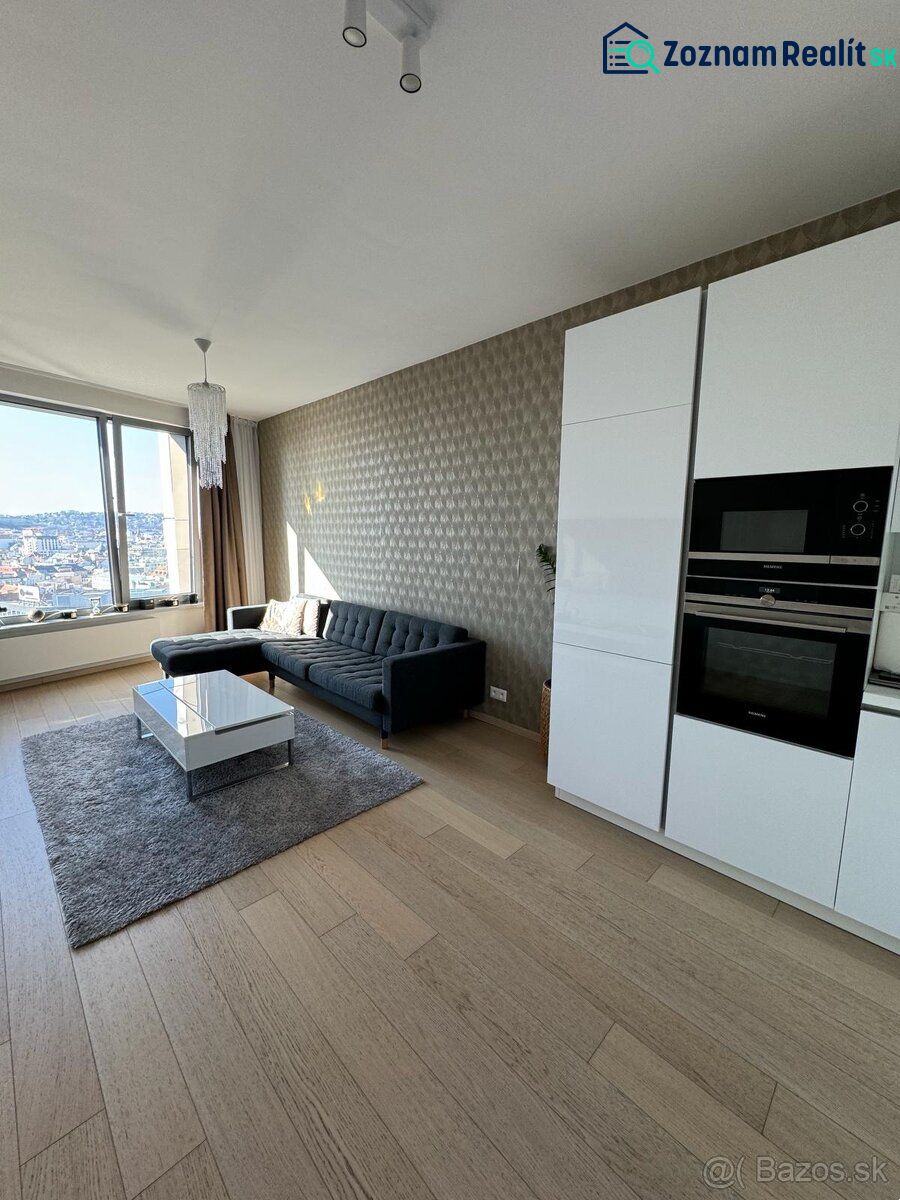 2-room apartment with wood-patterned flooring, sofa, kitchen, view, window, carpet.