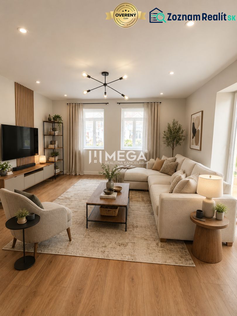 Living room in a family house with a large sofa and a wooden decor floor.