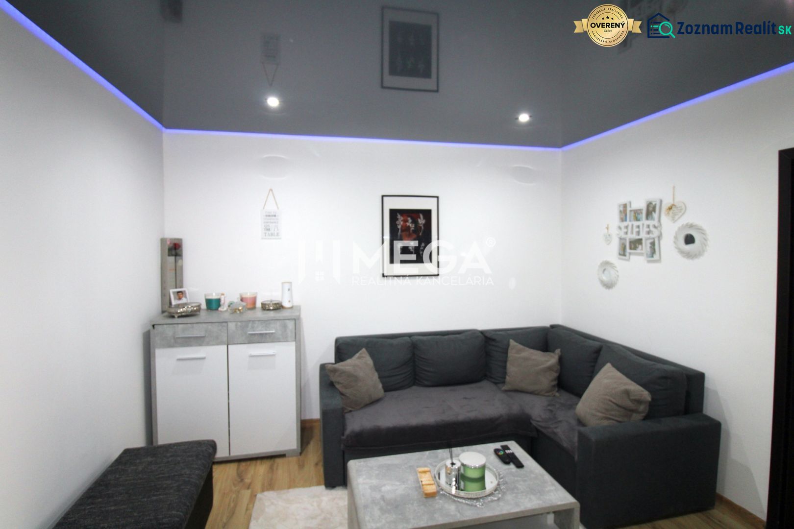 Living room in a three-room apartment with a sofa and wooden decor flooring.