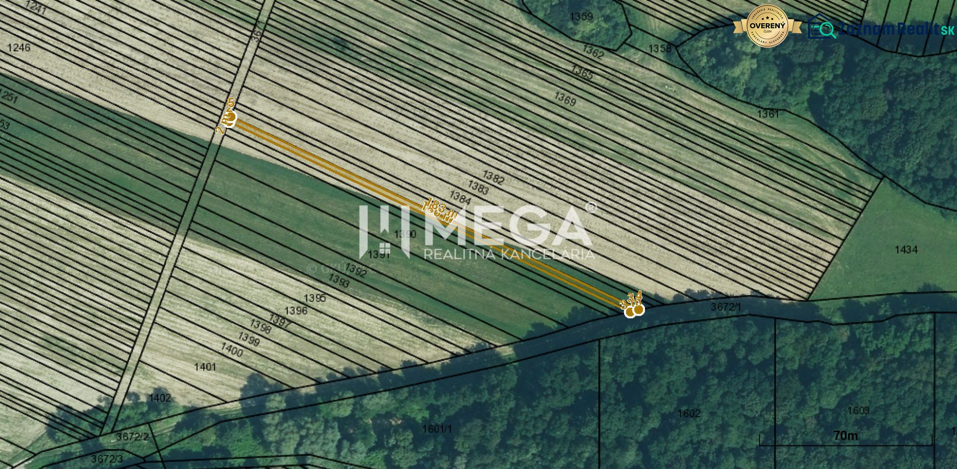 Cadastral map of residential plots in Jasenov surrounded by forest.