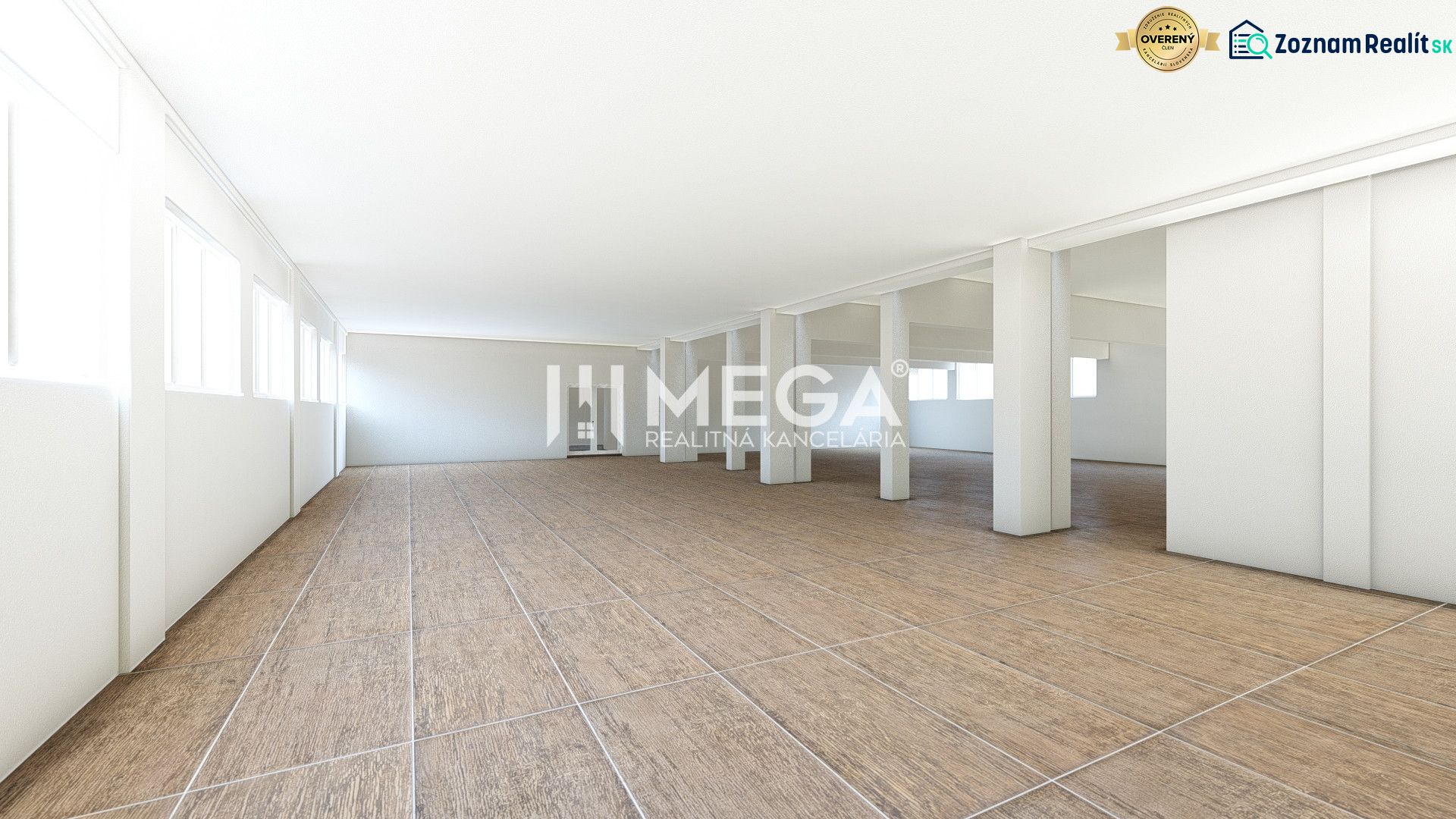 Spacious commercial spaces with wood-patterned flooring and white walls.
