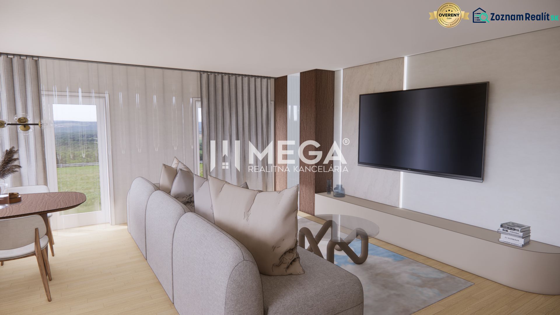 Living room in a family house with a comfortable sofa, television, and wooden decor flooring.