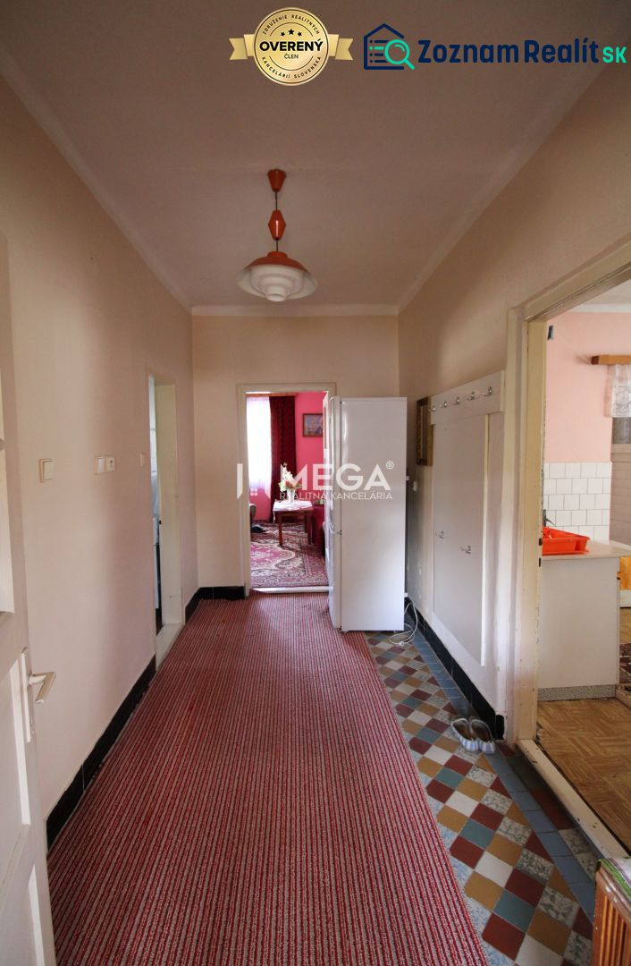 A hallway in a family house with carpet flooring and a retro light fixture.