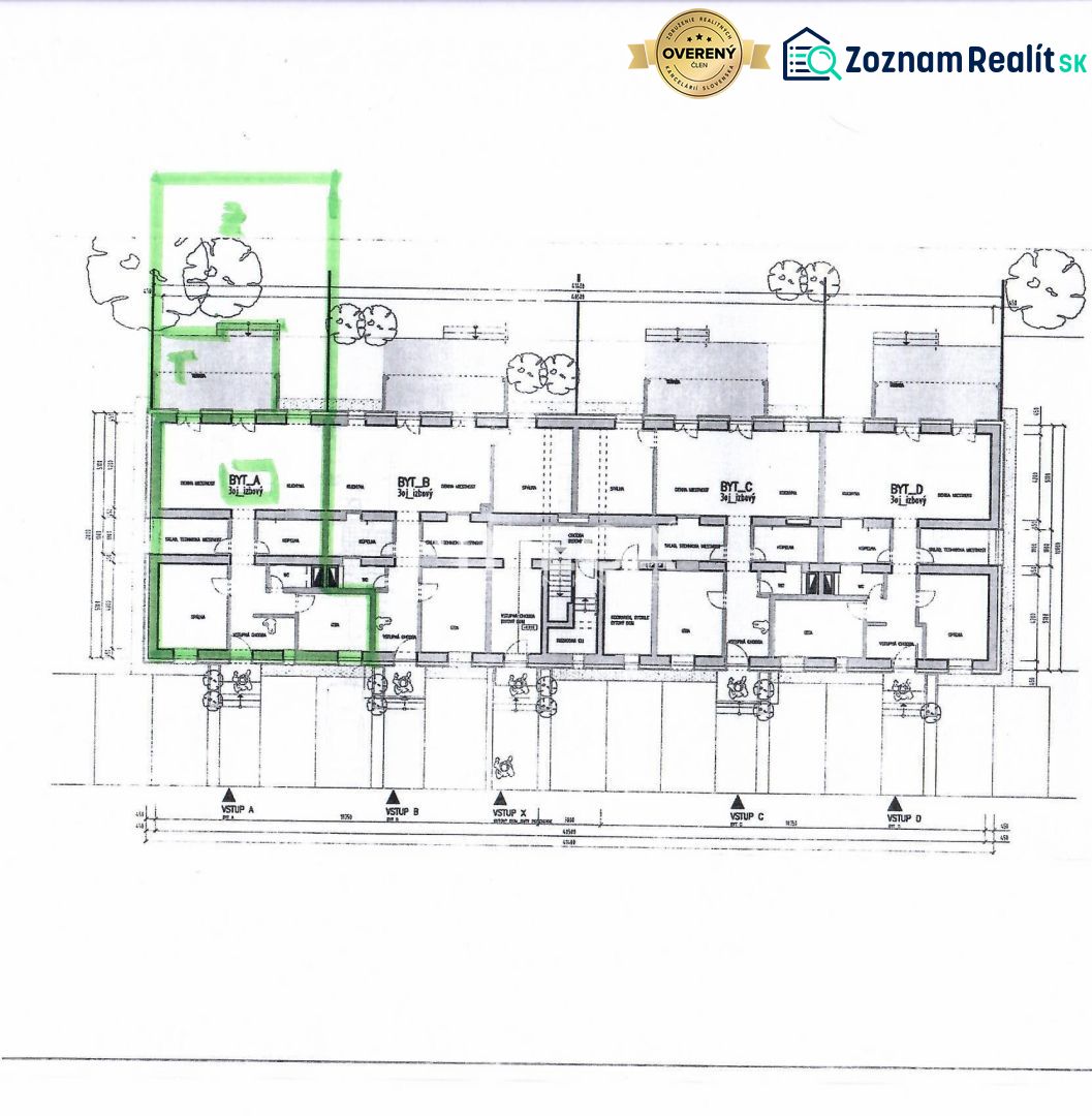 Floor plan of a 3-room apartment with marked rooms and surrounding greenery in the center of the plan.