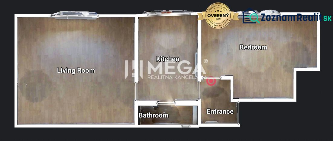 Floor plan of a 2-room apartment with a wood-patterned floor.
