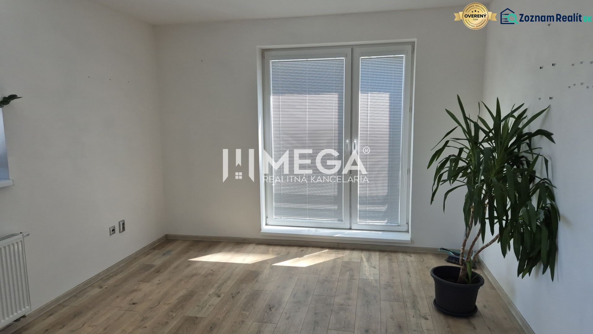 An office with a plant, a floor with a wooden decor, and balcony doors with blinds.