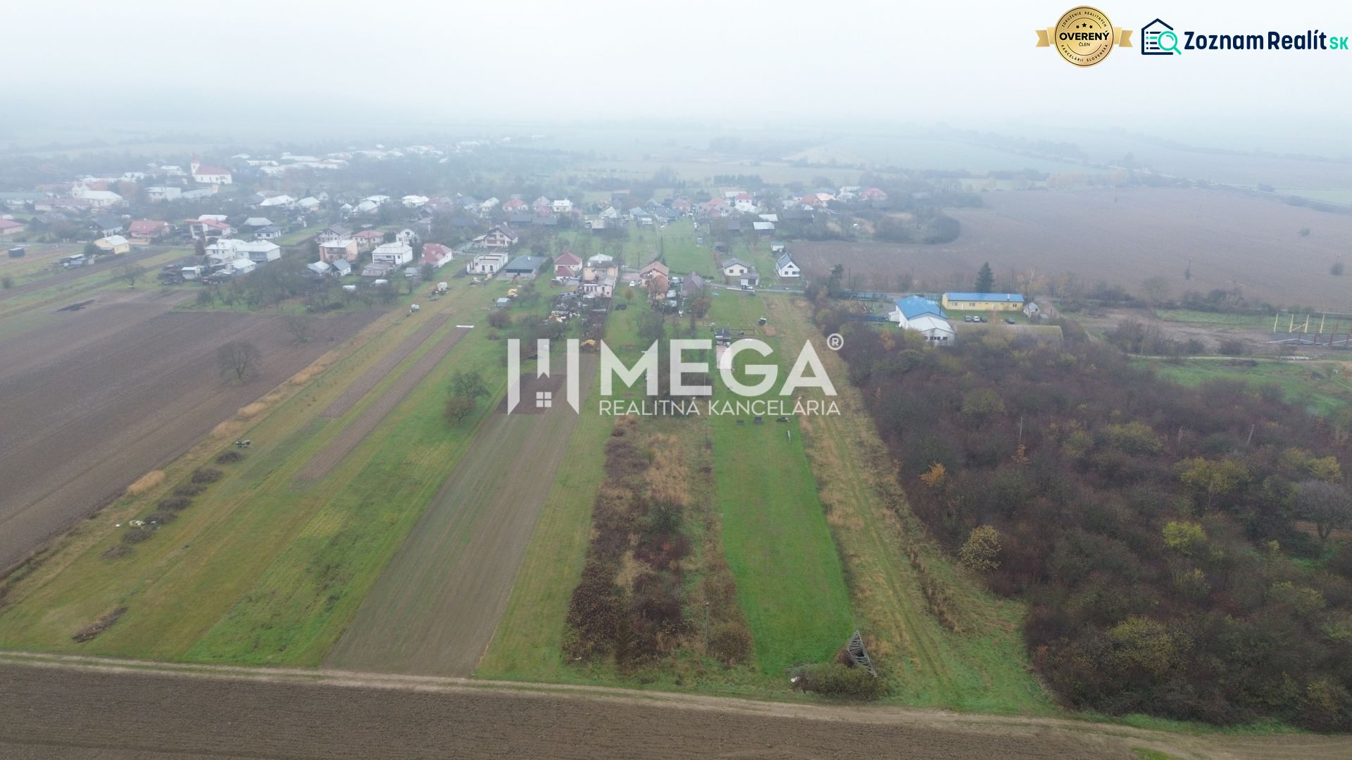 Aerial view of agricultural and forest lands in the village of Pusté Čemerné.