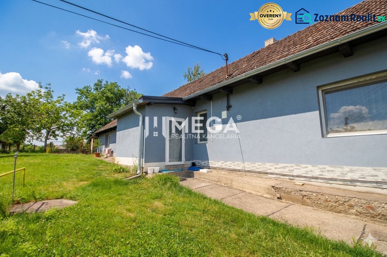 A family house in Veľká Ida with a blue facade, a garden, and a paved walkway.